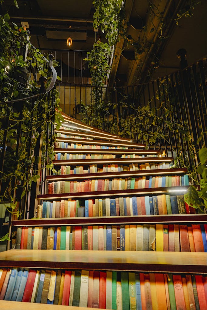 Staircase adorned with colorful books and lush green plants, creating a cozy indoor atmosphere.